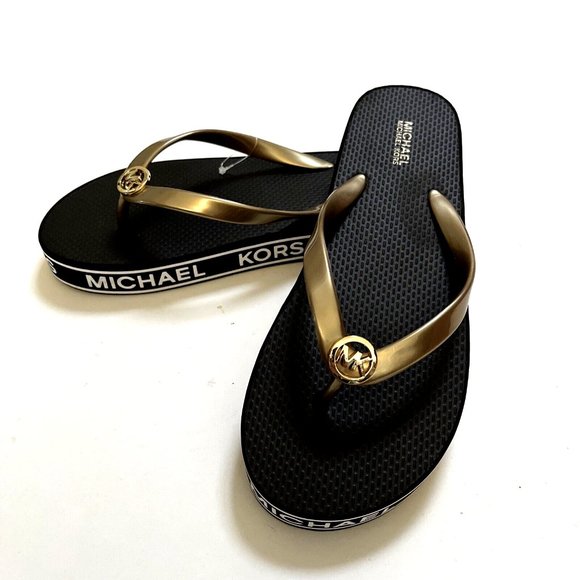 NWOB MICHAEL KORS Graphic Flip-Flop Sandals Slide On Thong Brown Gold - Picture 2 of 11